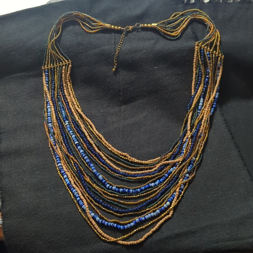 Copper Tone Blue and Brown Beaded Multi Strand Layered Statement Necklace